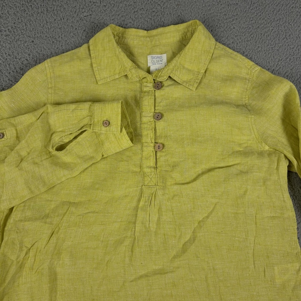 Sigrid Olsen Shirt‎ Womens Small Yellow Linen Button Up Roll Tab Up Long Sleeve